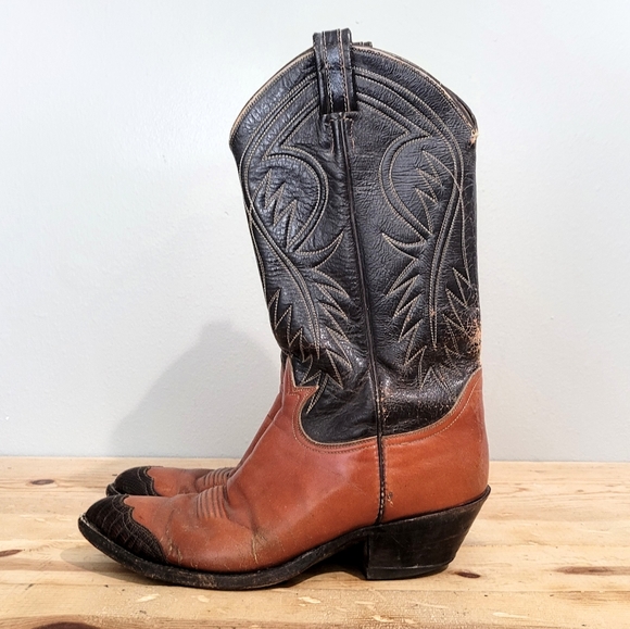Vintage Tony Lama Men's Western Cowboy Boots Two Tone Leather Rockabilly Size 7 - Picture 11 of 13